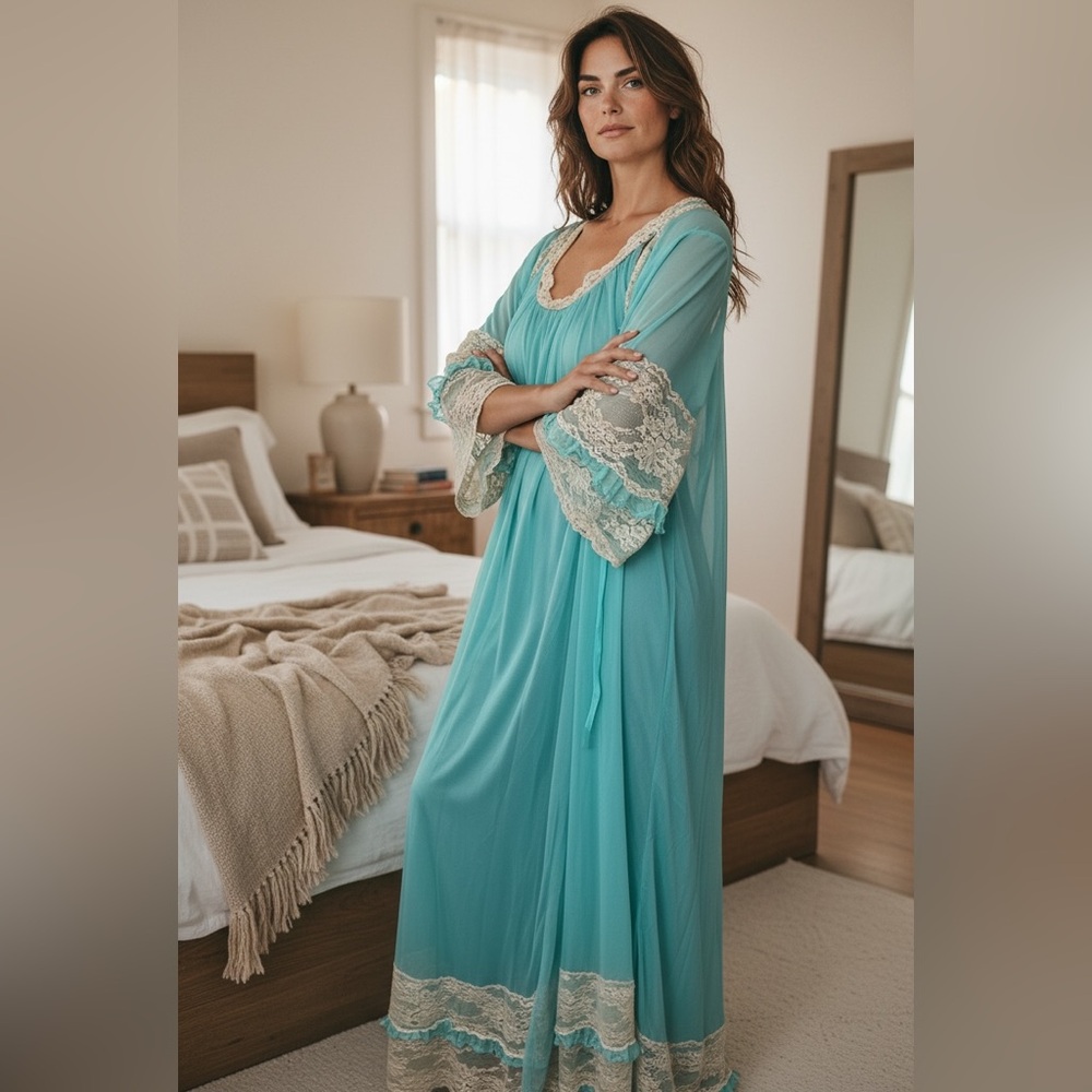 Vtg INTIME Aqua Blue Sheer Chiffon Princess Peignoir Robe Nightgown SET